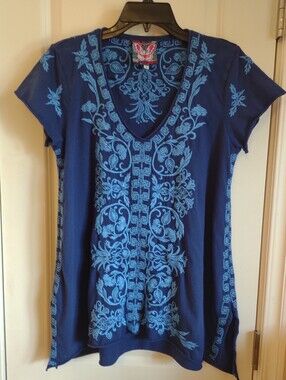 Johnny Was Navy Tunic Top with Light Blue Embroidery